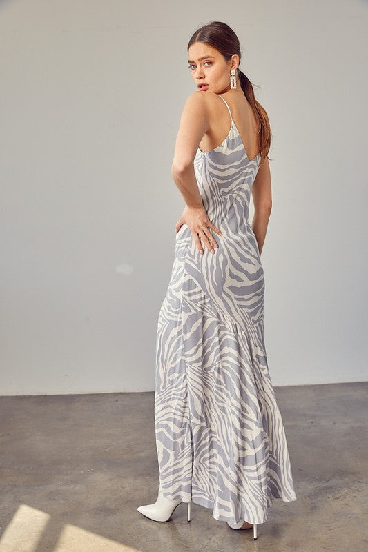 Front Slit Zebra Slip Maxi Dress