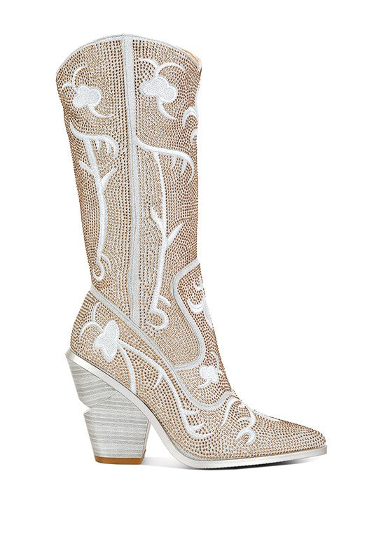 Glimmer Rhinestones Embellished Shimmer Calf Boots