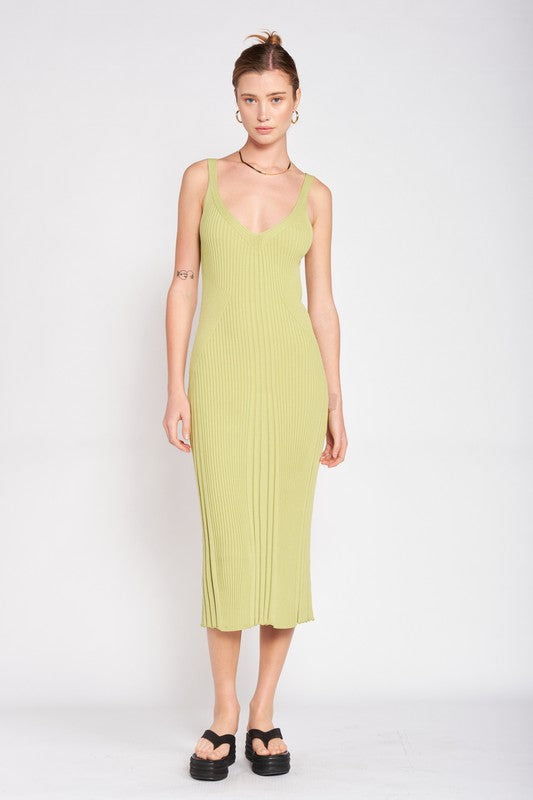 V Neck Ribbed Midi Dress w/ Open Back