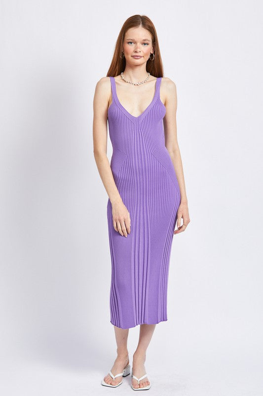 V Neck Ribbed Midi Dress w/ Open Back