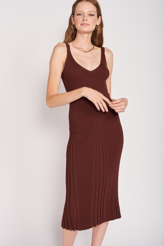 V Neck Ribbed Midi Dress w/ Open Back