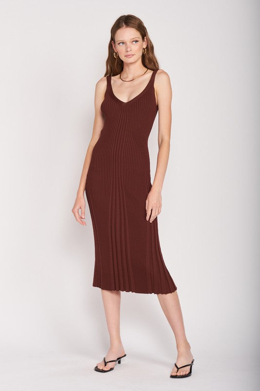 V Neck Ribbed Midi Dress w/ Open Back