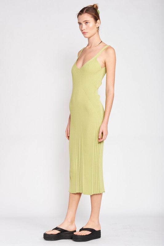 V Neck Ribbed Midi Dress w/ Open Back