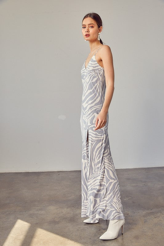 Front Slit Zebra Slip Maxi Dress