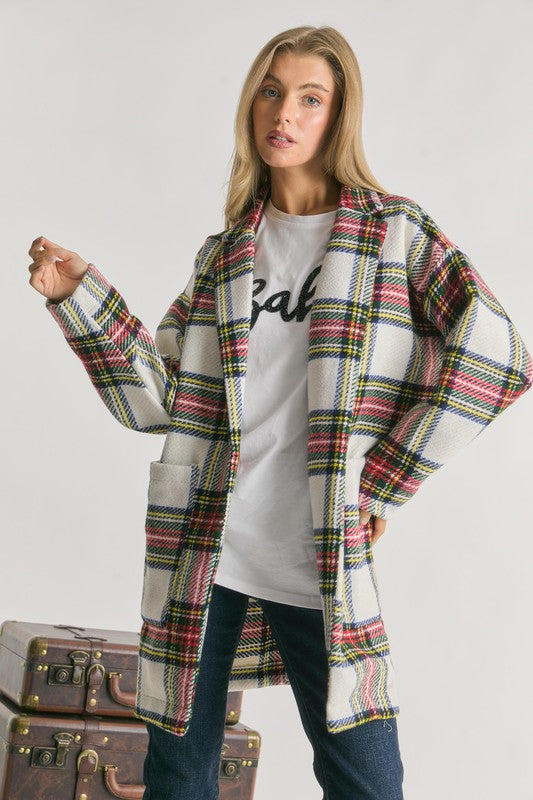 Multi Plaid Loose Fit Open Front