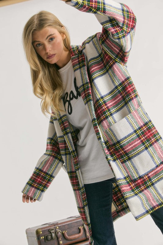 Multi Plaid Loose Fit Open Front