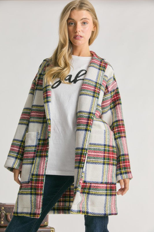 Multi Plaid Loose Fit Open Front